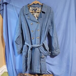 Vintage Denim Trench Coat Jacket Tie Waist Denim & Co. Women Xl‎